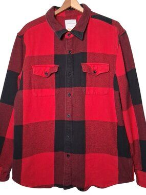 American Eagle Flannel Shirt Men XL Red Black Buffalo Plaid Heavyweight Classic